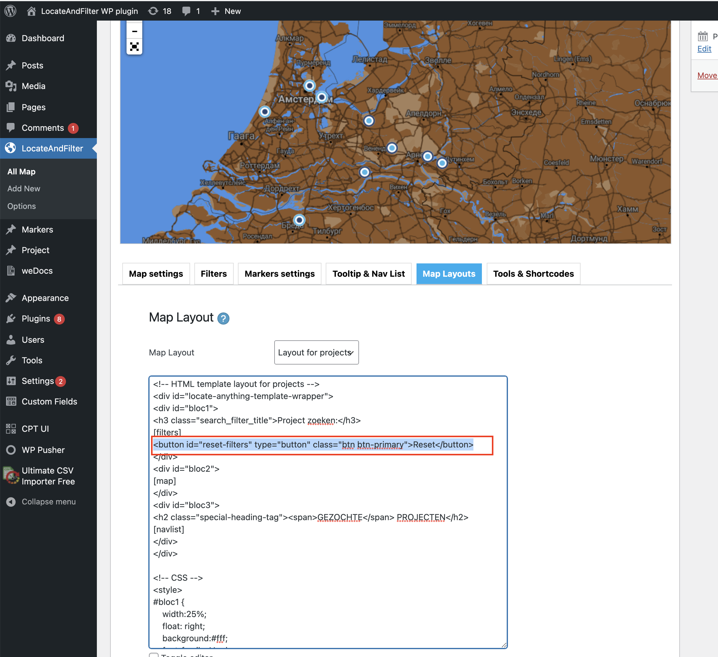 Reset button – LocateAndFilter WP plugin