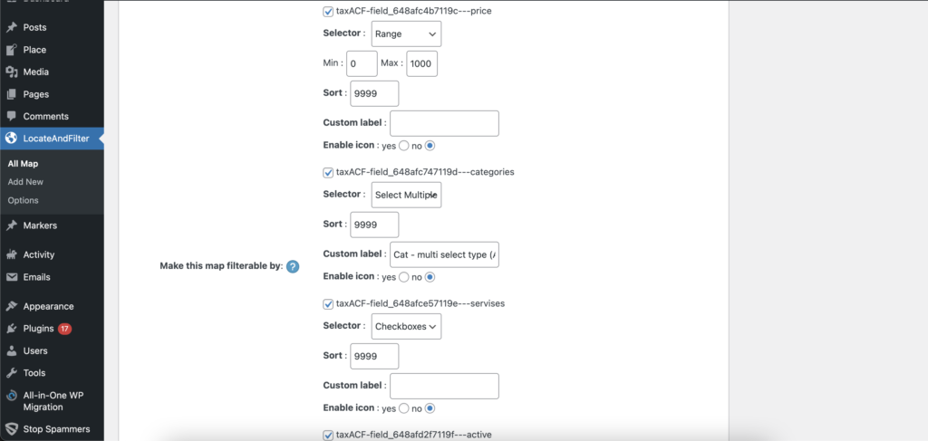 ACF field on filters – LocateAndFilter WP plugin